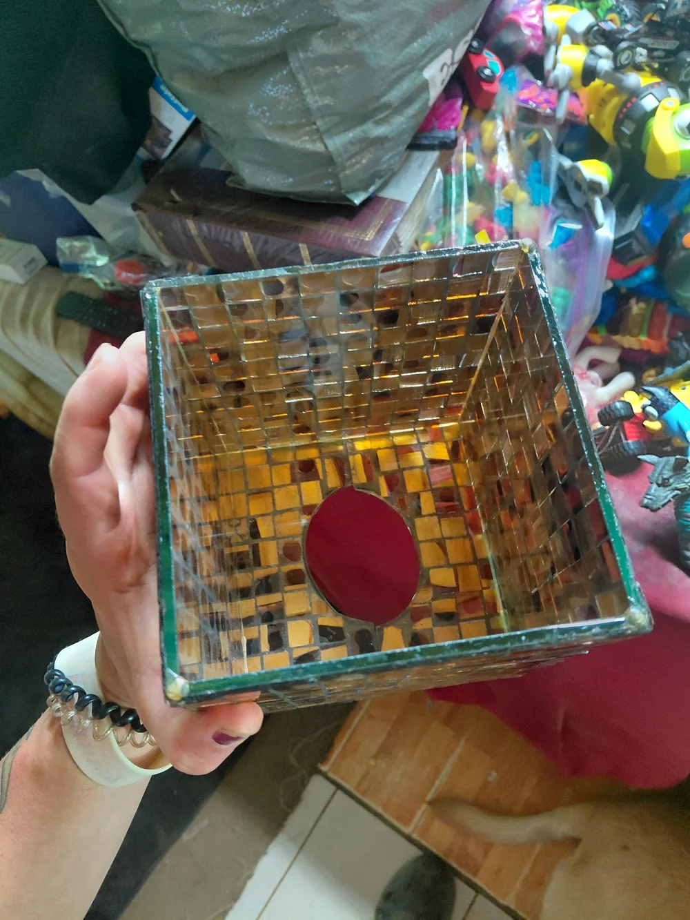 Tissue Box Holder/Cover-Glass Mosaic-Browns-Golds-Top Opening and toothbrush set